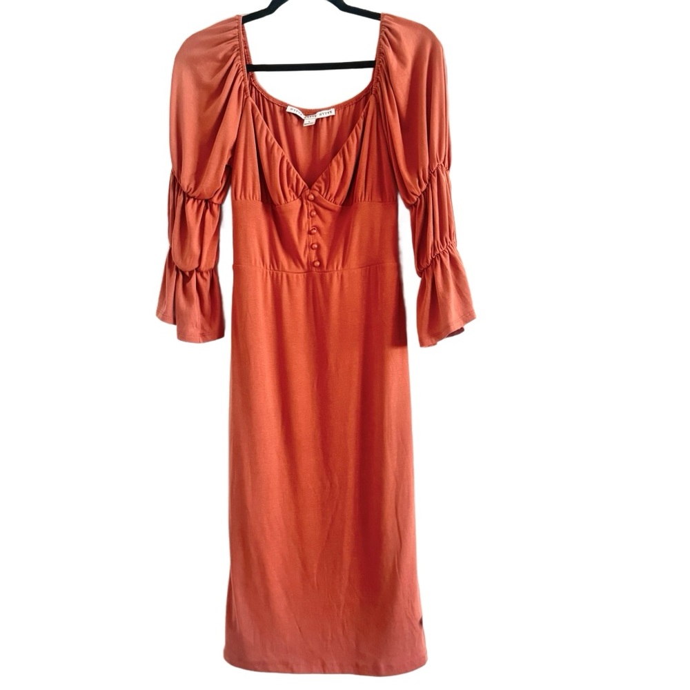 HYFVE Rust Orange Midi Dress with Puff Sleeves
